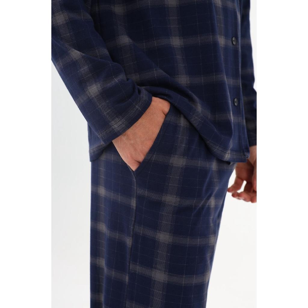 Men's Cotton Blue Plaid Patterned Long Sleeve Pocket Detailed Shirt Collar Pajama Set
