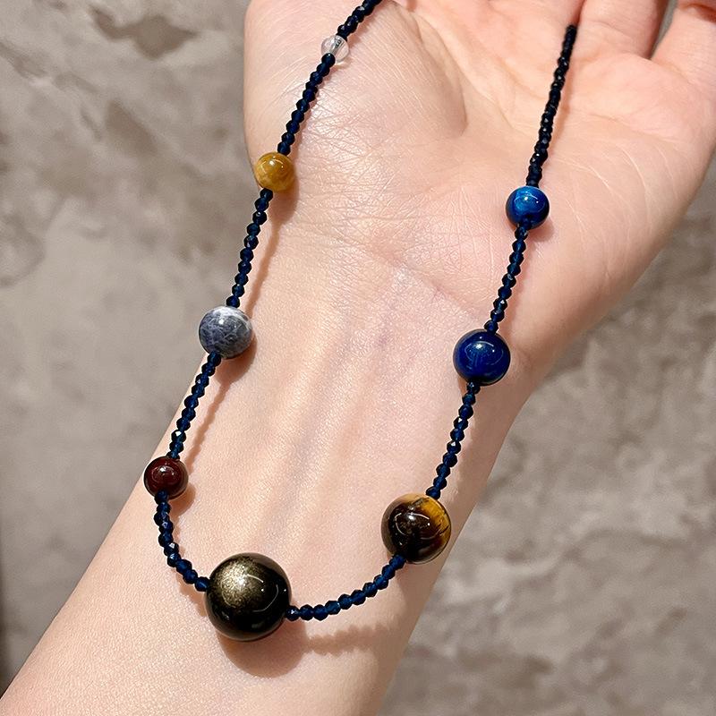 Glazed beads, beaded tiger's eye stone, round color pendant, necklace, women's niche design, collarbone chain, temperament, versatile item decoration