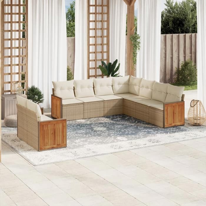 VidaXL Salon de Jardin avec Coussins 9 pcs, Canapés de Terrasse, Ensemble de Meubles de Patio, Mobilier d'Extérieur, Beige 3227780