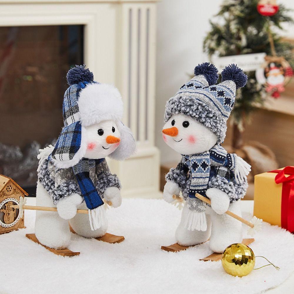 Cute Cloth PP Cotton Snowman White&Blue Soft Snowman Blue Plaid Christmas Decor Dolls Christmas Desktop Decoration