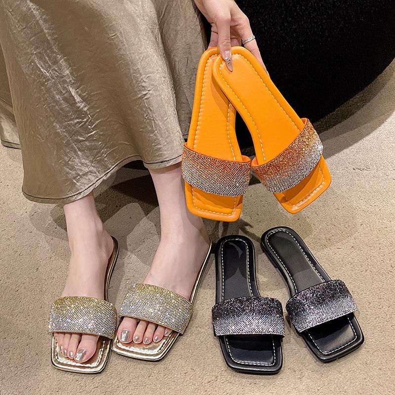Large-sized Women's Shoes, Fashionable Rhinestone Gradient Flip-flops,2025 New Square-toed Flat Sandals,Comfortable Flat Sandals