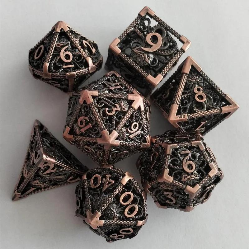 7 Pcs Hollow Metal Dice Set for DND RPG Dragon-Engraved Polyhedral Dice Tabletop Gaming Accessories for Dungeon Master Collector