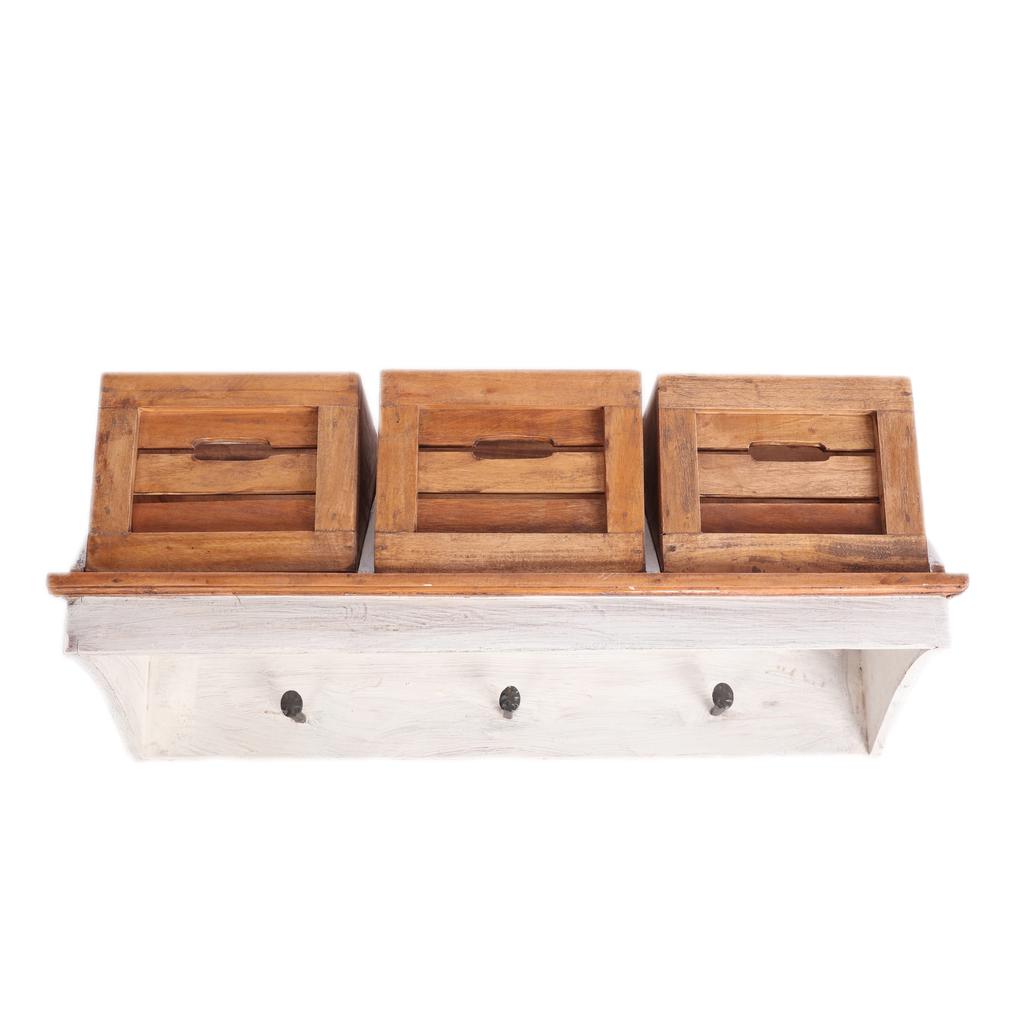 Vintage style wall shelf with wooden baskets