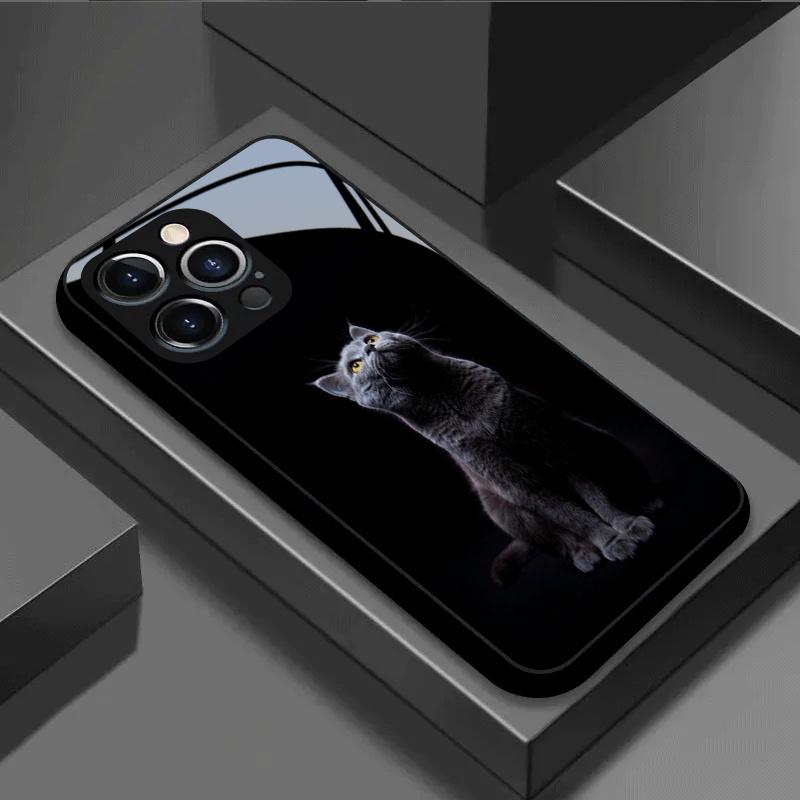 Gray Cat Gazing Pattern Tempered Glass Business Design for iPhone 17 16 16ProMax 15 14 13 12ProMax 11 11Pro Anti-drop protection
