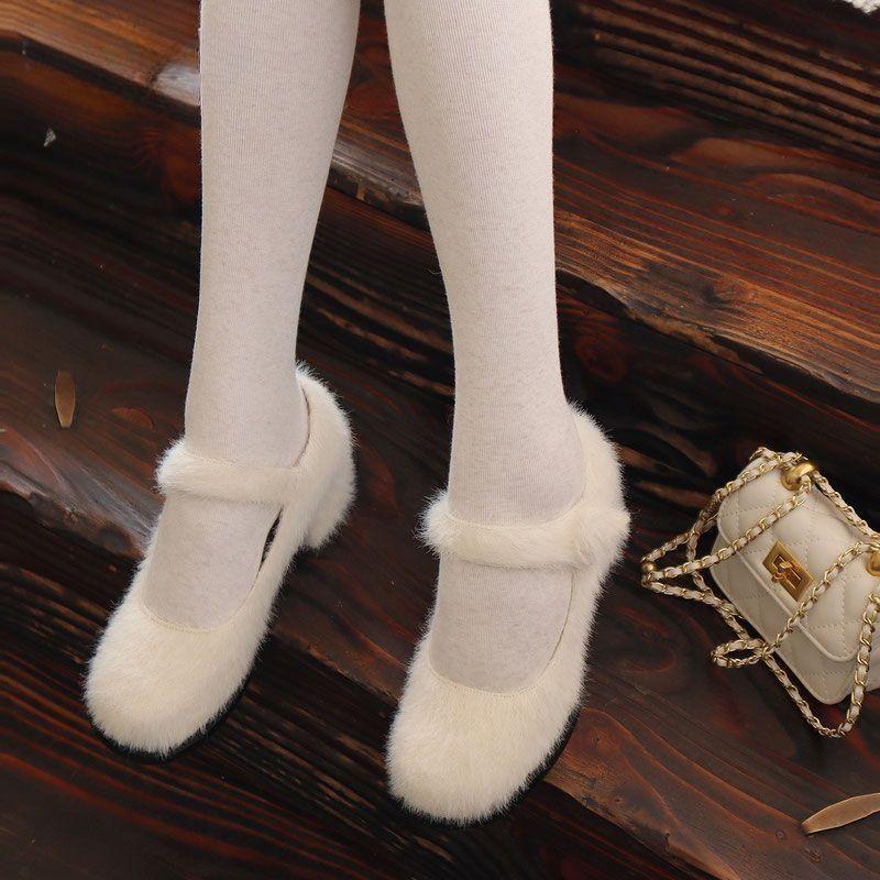 2025 Autumn and Winter New Plush Plush Mary Jane Shoes Women's French Plush Shoes Women's Thick Heel White Single Shoes