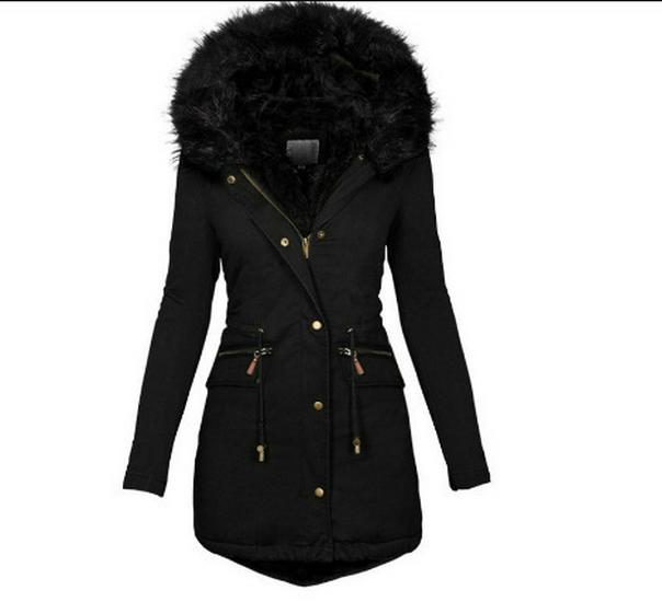 2024 Autumn/Winter Slimming Women's Solid Fur-Collar Hooded Mid-Length Warm Cotton Coat