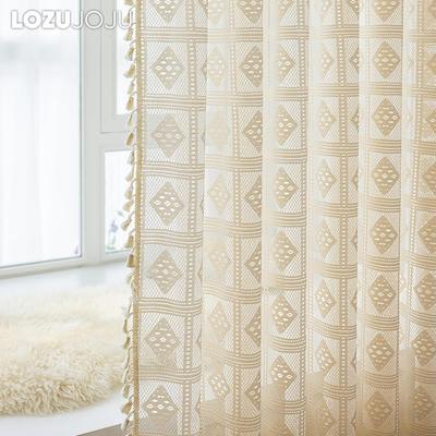 1 ΤΕΜ. LOZUJOJU 10-20% συσκότιση Γαλλική ρετρό μονόχρωμη Κούφιο τετράγωνο πλέγμα Κουρτίνα κρόσσια για σαλόνι υπνοδωμάτιο Μπαλκόνι Διακόσμηση σπιτιού