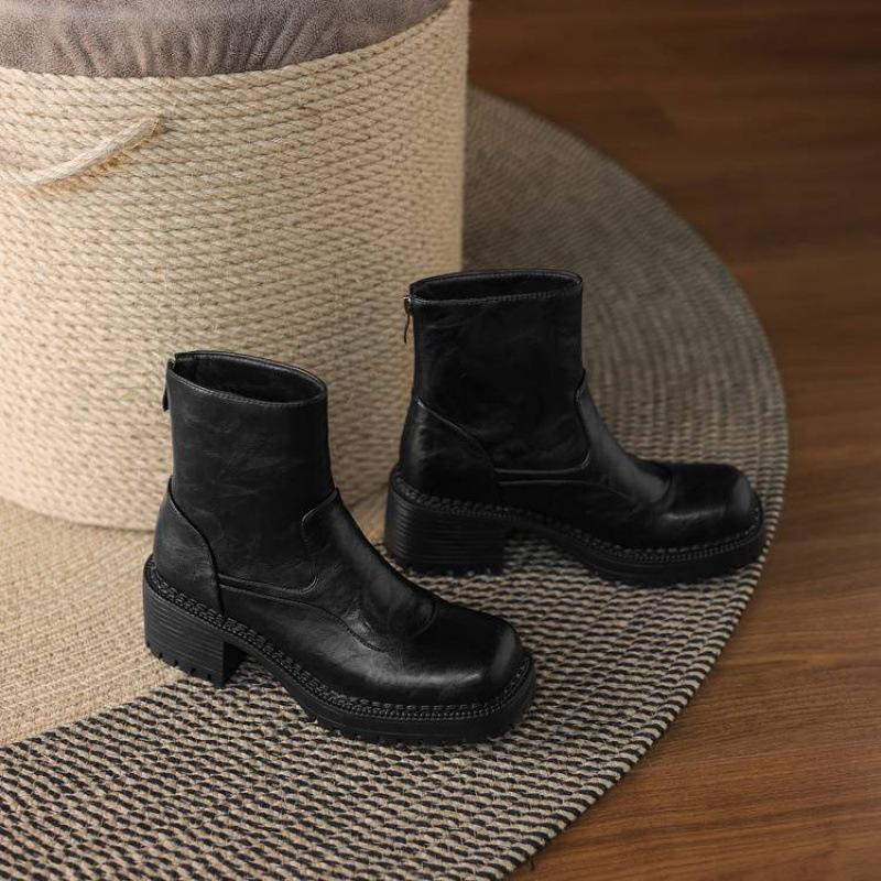 

Осень и зима однотонные на среднем каблуке большого размера ботинки Мартина задняя молния удобная толстая подошва нескользящий квадратный каблук кожаные ботинки корейская версия 39
