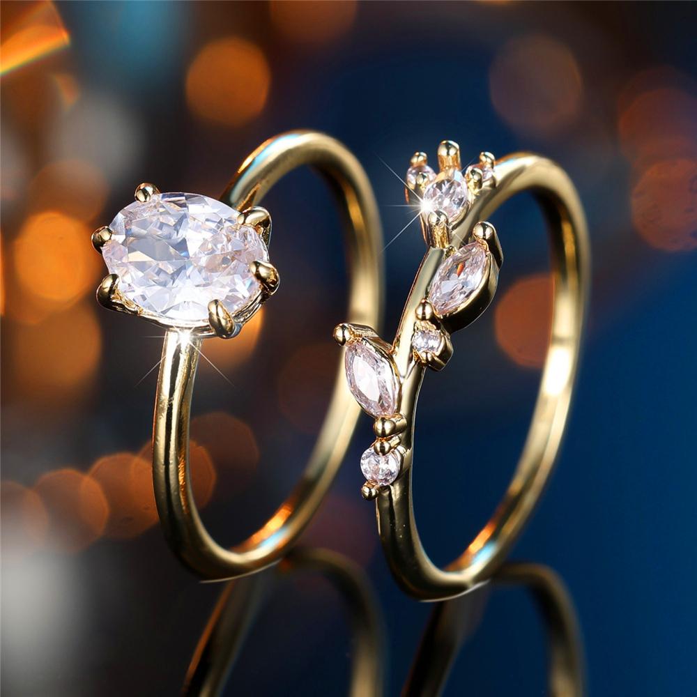 Crystal Female White Zircon Oval Stone Ring Set Fashion Vintage Gold Color Bridal Wedding Engagement  For Women