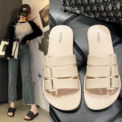 Summer Slippers Women's Outer Wear 2025 New Fashion One-word Buckle Flat-bottomed Slippers Student Seaside Casual Beach Shoes Women