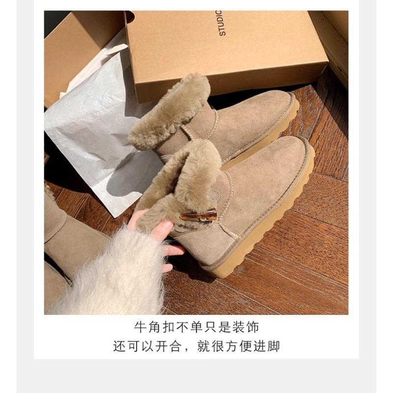 Women's cow horn buckle fashion lightweight soft sole winter warm fur one snow boots padded lining non-slip casual sports cotton boots