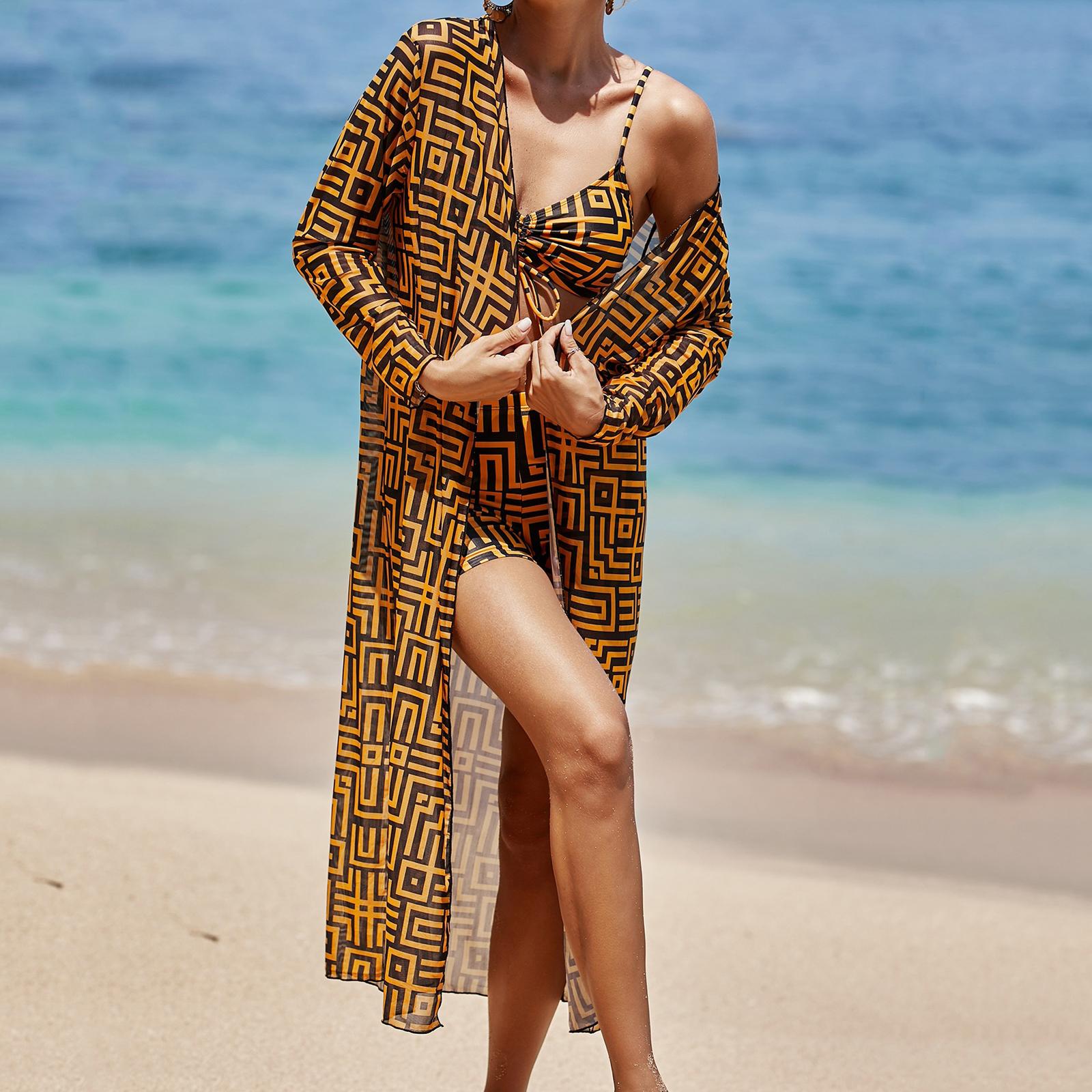 

Women s Split Printed Three-piece Long-sleeved Sunscreen Blouse High Waist Boxer Swimsuit XL шафрановий