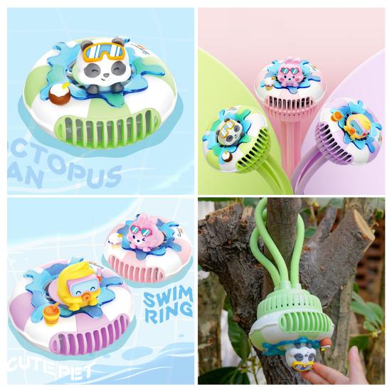 Stroller Fan Built-in Large Battery USB Fast Charging 5 Wind Speeds Cartoon Animal Swim Ring Design Portable Cooling Fan