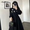Elegant Fashion Autumn Winter Women Midi Dress O Neck Floral Knitting Corduroy Patchwork Dress Vintage Full Sleeve Warm Dress