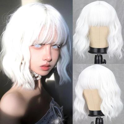 Women Fashion Short Wavy Wig with Bangs Synthetic Fiber Pure White Wavy Wig Cosplay Halloween Party Wear