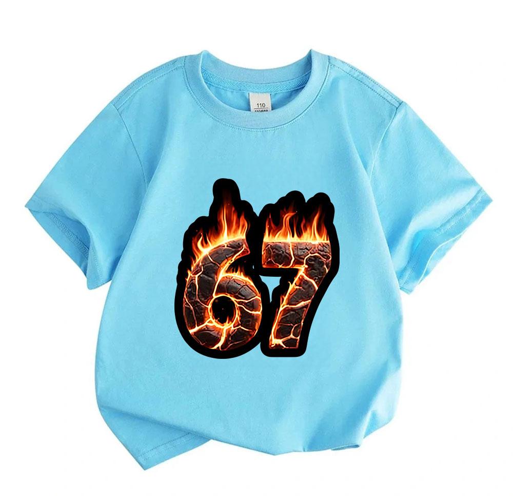 Kids Boys Girls 100% Cotton Crew Neck Short Sleeve T-Shirt, Cool Fiery Cracked Lava Number 67 Pattern Casual Soft Tee for Daily Wear