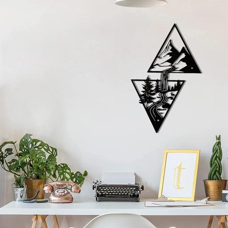 Nordic Scenery Theme Decor Iron Wall Hanging Art Home Decoration Triangle Mountain Metal Wall Ornament For Living Room Decor
