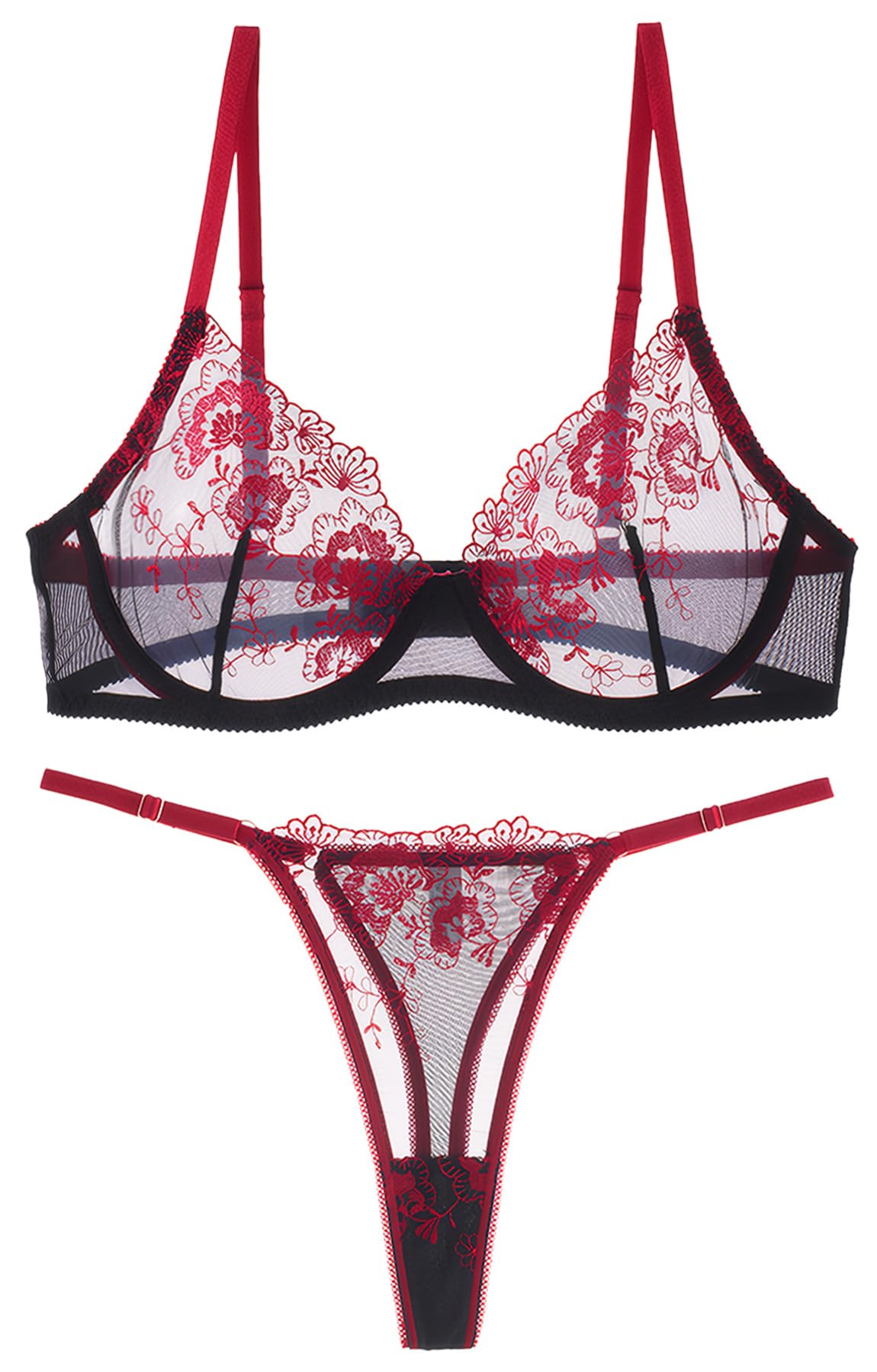 

Panegy Bra and Panty Padless Lace Bra with Sexy Beautiful Floral Size Women s Ultra-Thin Set, T-Back, See-Through Lingerie, Breasts, Embroidery, 02,M