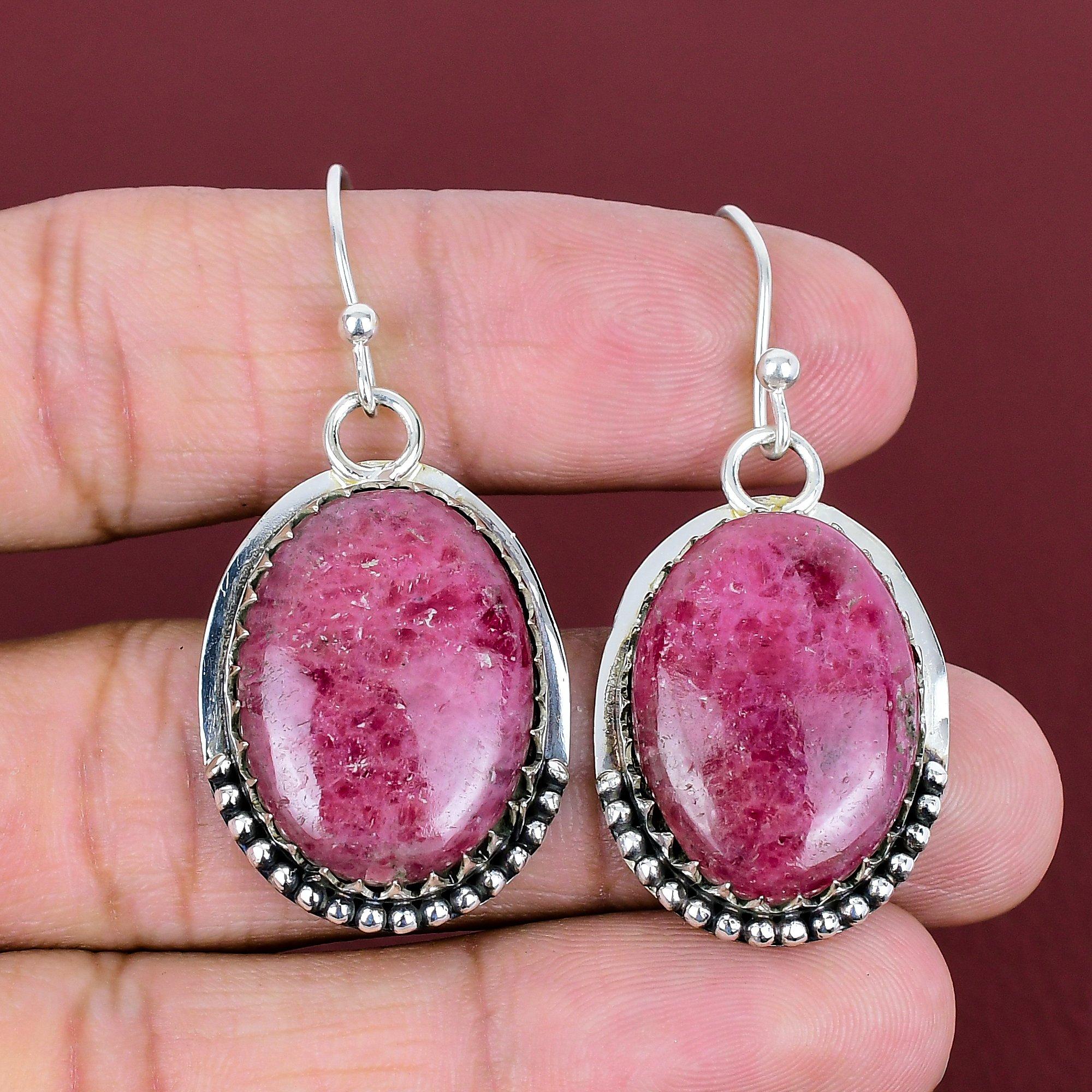 Rhodonite earrings original gemstone earring silver jewelry handmade earring 925 sterling silver earring engagement gifts birthstone jewelry