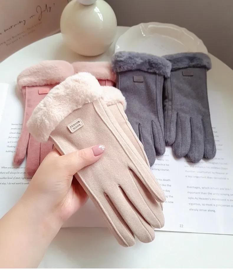 

Women s winter thick fleece gloves fashionable warm fleece outdoor gloves touch screen windproof cold-proof sports riding gloves бежевий