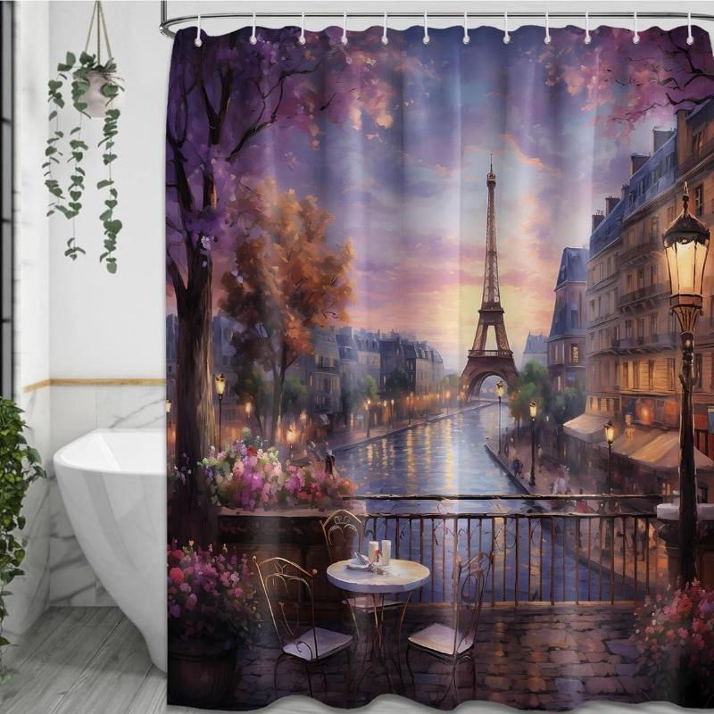 Vintage Paris Shower Curtain Eiffel Tower French Cityscape Shower Curtains for Bathroom Decor Set, Waterproof Fabric with Hooks 90x180CM