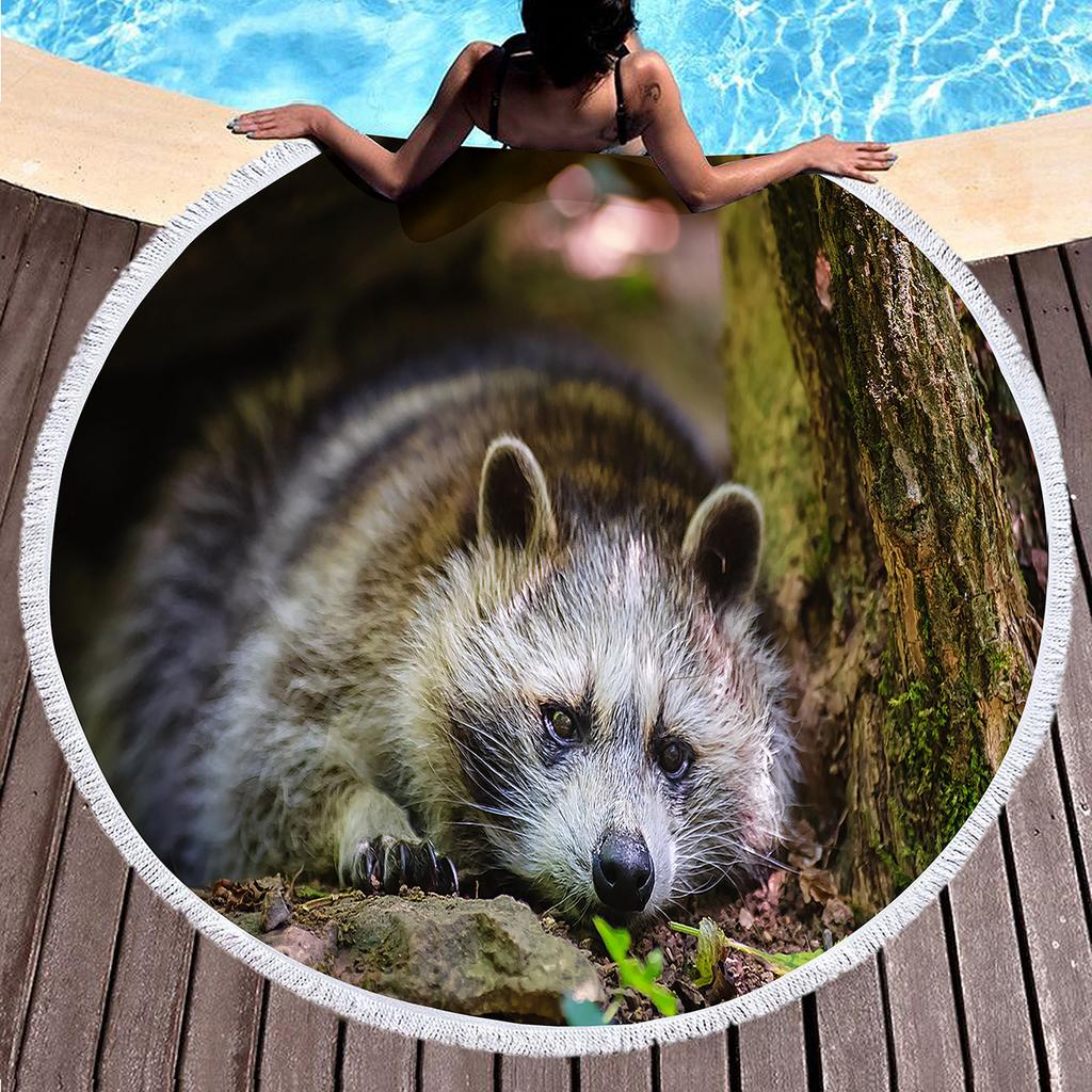 Wild Animal Raccoon Round Beach Towel Soft Microfiber Beach Blanket Sand Free Quick Dry Circle Bath Towel Absorbent Yoga Mat