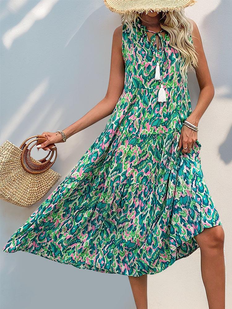 2026 European & American Summer Resort Sleeveless V-Neck Tassel Abstract Print Dress for Women
