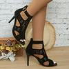 Women's Chunky Heel Peep Toe Cutout Backless High Heel Sandals with Hook & Loop Back Zipper