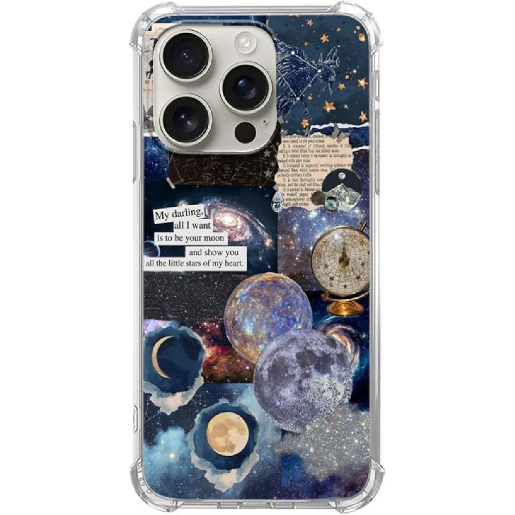Vintage Celestial Sun Moon Star Pattern Collage Phone Case for iPhone 16 Pro, Aesthetic Space Planet Star Case for Teens Women Men for iPhone 16 Pro,