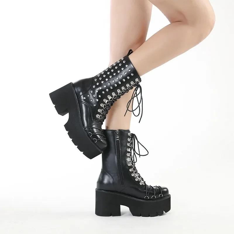 Mode 8CM Neue Handgefertigte Damen Motorrad Punk Stiefel Mori Girl Lady Lolita Stiefel Frau High Top Stiefel Plateau Mode Nieten Goth Dunkel