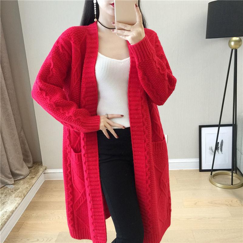 Loose V-neck Mid-length Knitted Cardigan for Women Diamond-shaped Twisted Sweater Coat Solid-color Casual Long-sleeved Cardigan