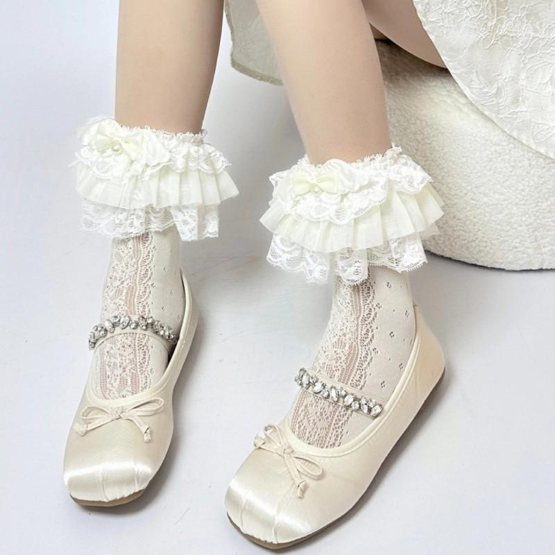 Spring Summer Sweet Ballet Style Socks With Wings And Pearl Bows For Teen Girls