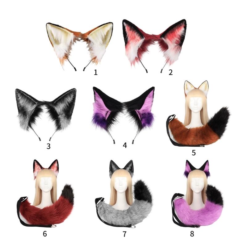 Anime-Cosplay Props Foxes Ears and Tail Set Plush Furry Animal Ears Hairhoop with Foxes Tail Fancy-Dress Party Costumes