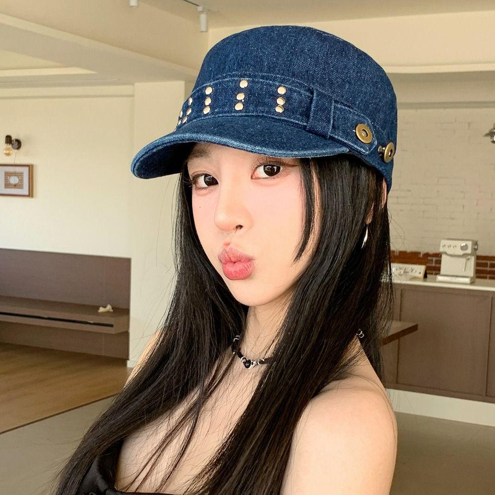 Washed Denim Rivet Flat Top Y2k Equestrian Hat Fashion Denim Octagonal Hat Travel