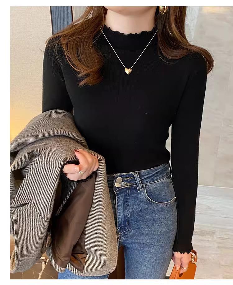 Women's Slim Fit Black Modal Long-Sleeve Mid-Neck Top for Autumn/Winter