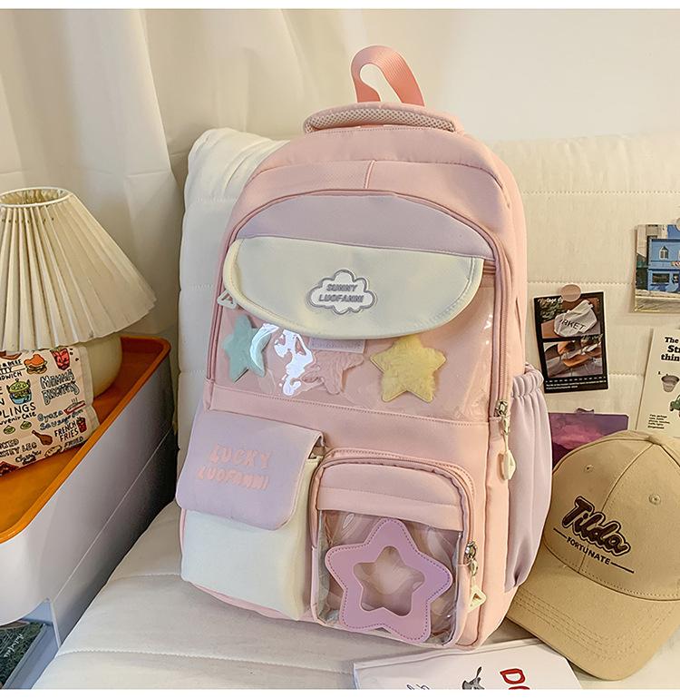 Schoolbag Butter Peach Star Sweet Waxy School Bag High Value Contrast Color Primary and Secondary School Students Grades 1-1 Multi-compartment