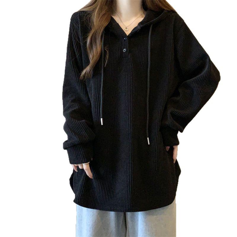 Women's Plus Size Ribbed Hooded Long Sleeve T-Shirt - Autumn/Winter Loose Slimming Base Layer