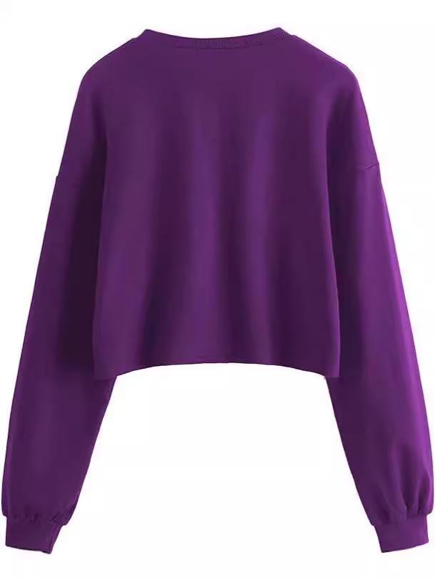 2024 Autumn/Winter Women's Solid Color Plus Velvet Loose Round Neck Short Hoodie