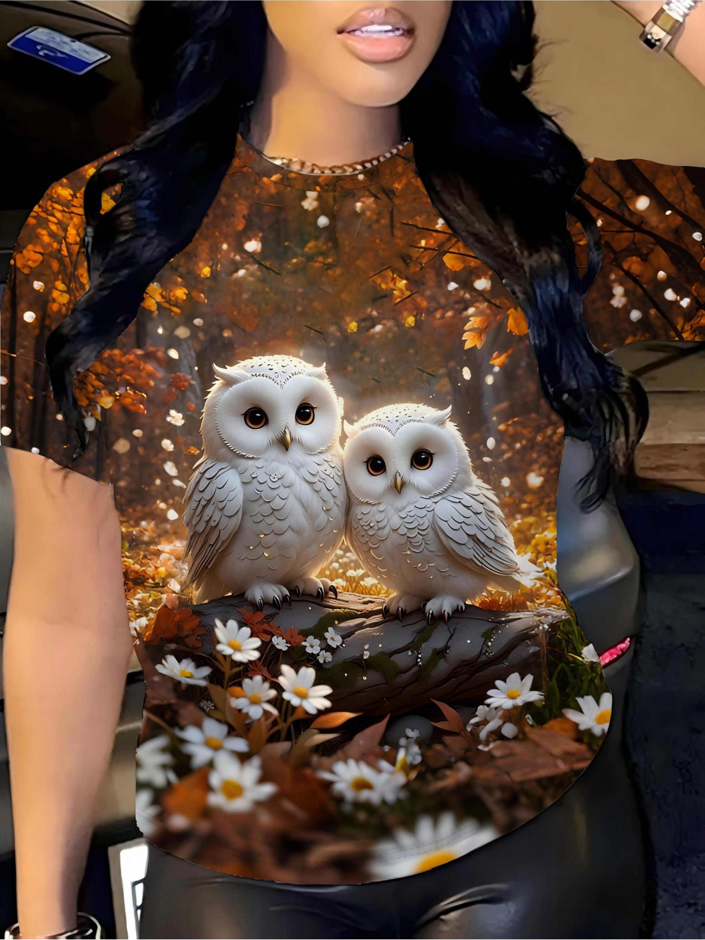 

A Plus-Size Women S Autumn T-Shirt with a Cute Cartoon Print of Two Owls in a Forest. an Eye-Catching Top in a Art Style. Made of Soft And Comfortable 3XL дубильна кора