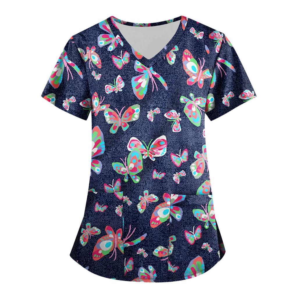 Women's Fashion V-neck Short Sleeve Workwear With Pockets Printed Tops
