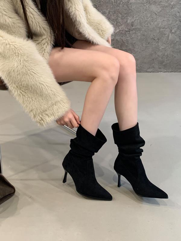 Upgraded version~ khaki boots women's stiletto 2025 new pointed short boots high heels thin medium tube stacking boots