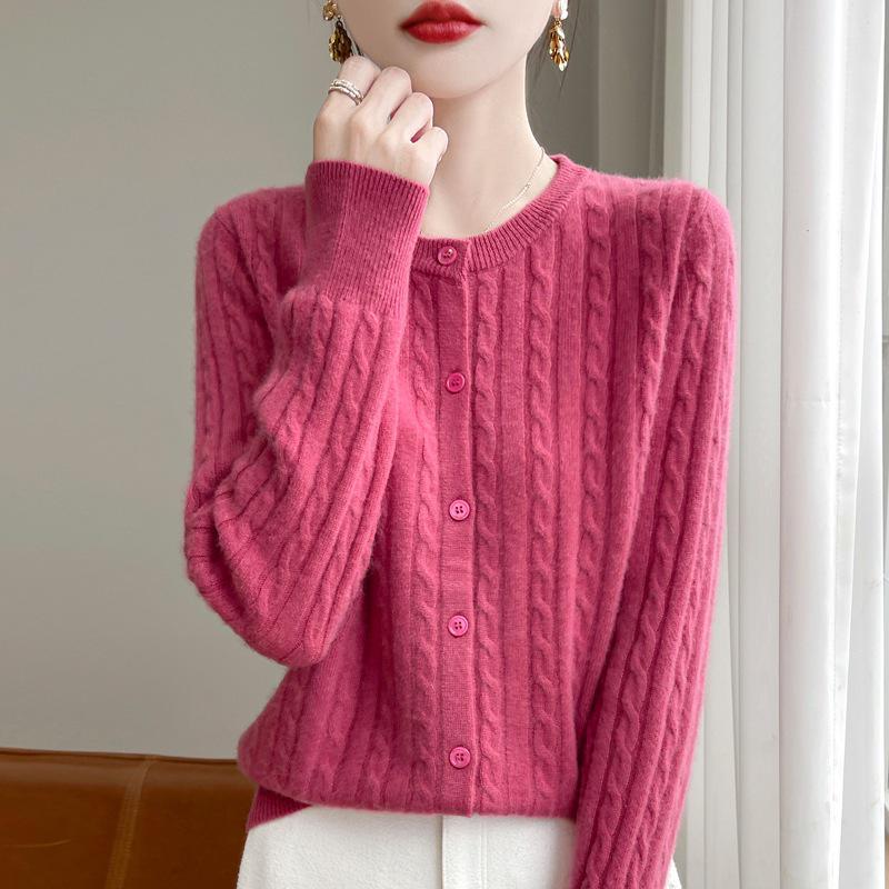 White Cable Knit Cardigan Coat - Women's Korean Slim Fit, Autumn Long Sleeve Sweater