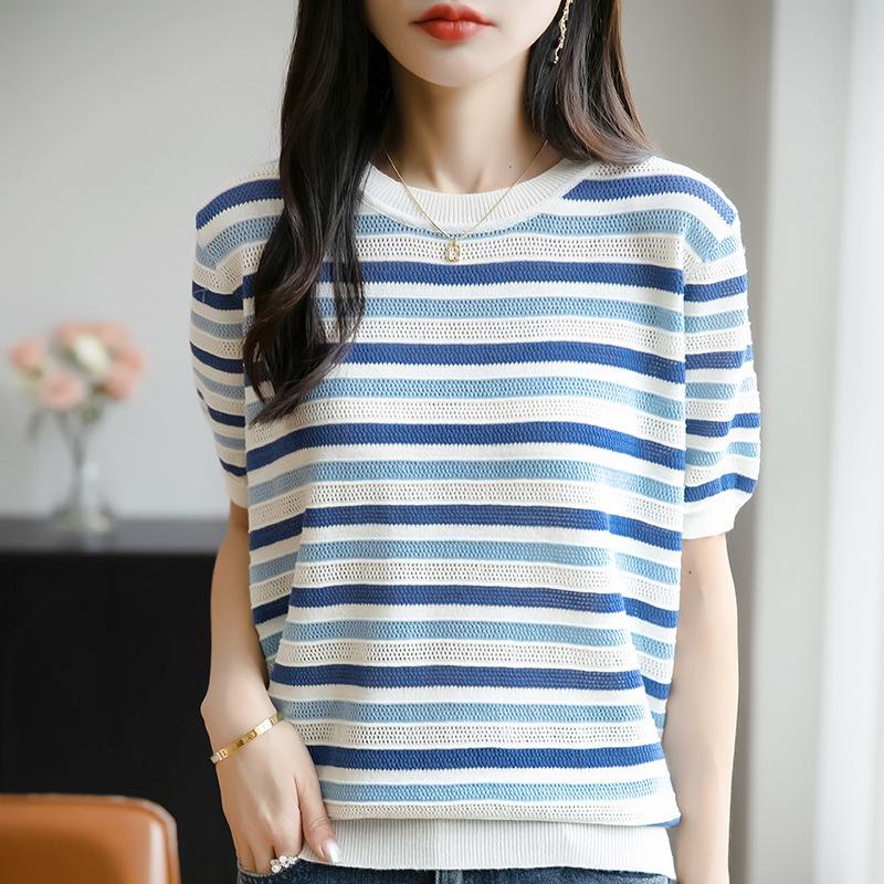 

Летний новый вязаный свитер с круглым вырезом, футболка с короткими рукавами, полосатая базовая рубашка с вырезом XL синий