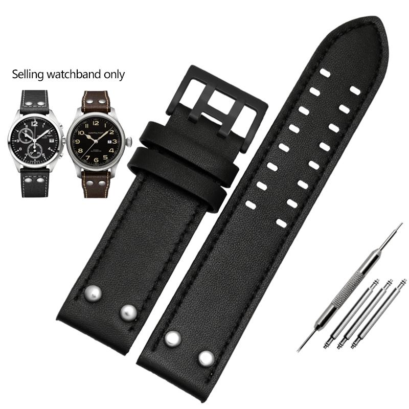 JEDNA Pasek do zegarka ze skóry naturalnej dla serii Hamilton Khaki Aviation Field Męski Pasek do zegarka Bransoleta z nitami Pasek Brązowy 20mm 22mmMN