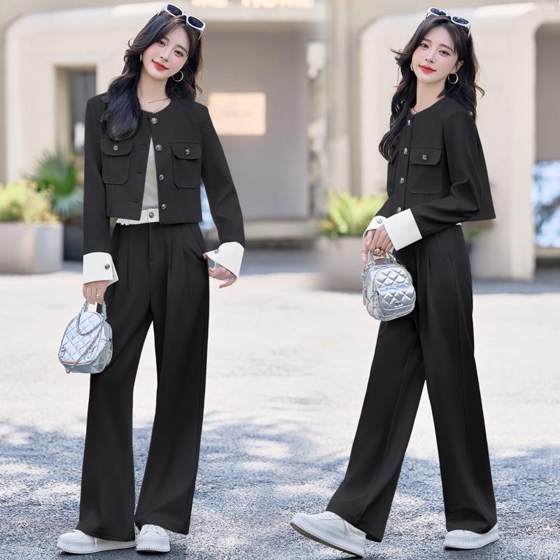 

Весна 2025 Женский повседневный комплект из лоскутной куртки и брюк широкого кроя M (90-110 jin) чёрный