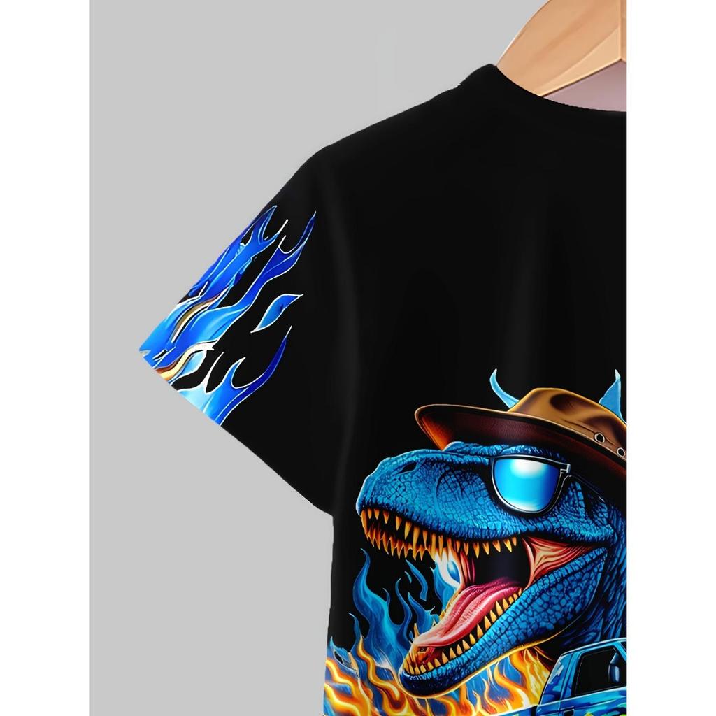 Boys' short sleeved shorts two-piece set, 3D printed dinosaur pattern cycling short sleeved T-shirt top+shorts set