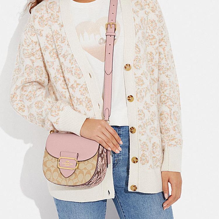 New COACH Morgan Canvas With Sheepskin Saddle Bag Shoulder Bag Crossbody Bag Small Size Women's Khaki Monogram & Pink CF410-IMSWZ
