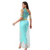 Womens Arab Princess Costume Belly Dance Design Gem Decor Contrast Color Shiny Tulle Overlay Jumpsuit