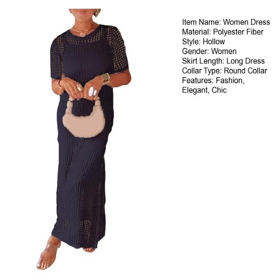 Women's Dress Cover Up Set Sleeveless Long Dress And Short Sleeve Knitted Hollow Cover Up