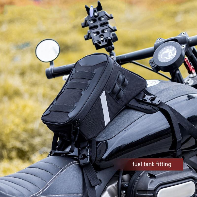 Motorcycle Tank Storage Bag, 5L Polyester Fabric Pouch with Buckle Strap Mounting, Top Opening Access and Carry Along Use for Road Travel Stops